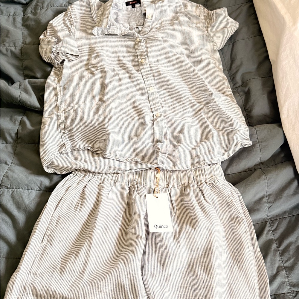 Quince 100% European Linen Shorts Pajama - Blue Pinstripe